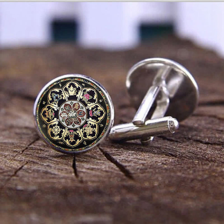 Boutons de manchette en forme de dôme en verre avec motif de fleur de mandala noir pour homme