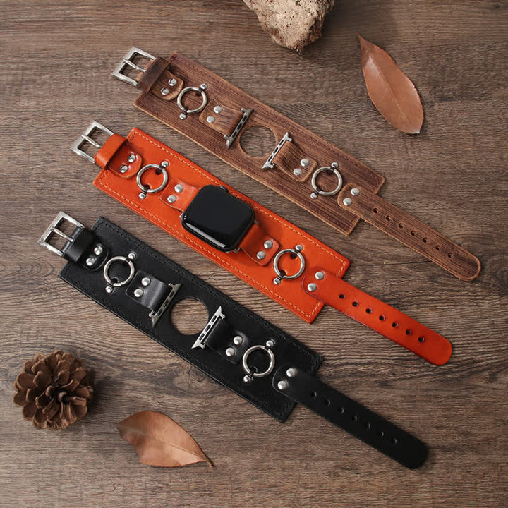 Bracelet de montre intelligente en cuir véritable avec décor de bague