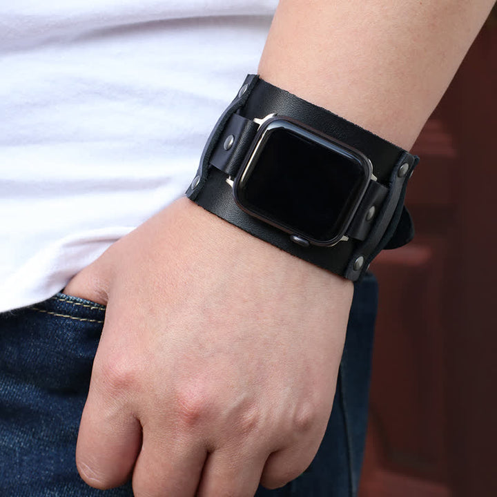 Bracelet de montre en cuir véritable à large sangle punk