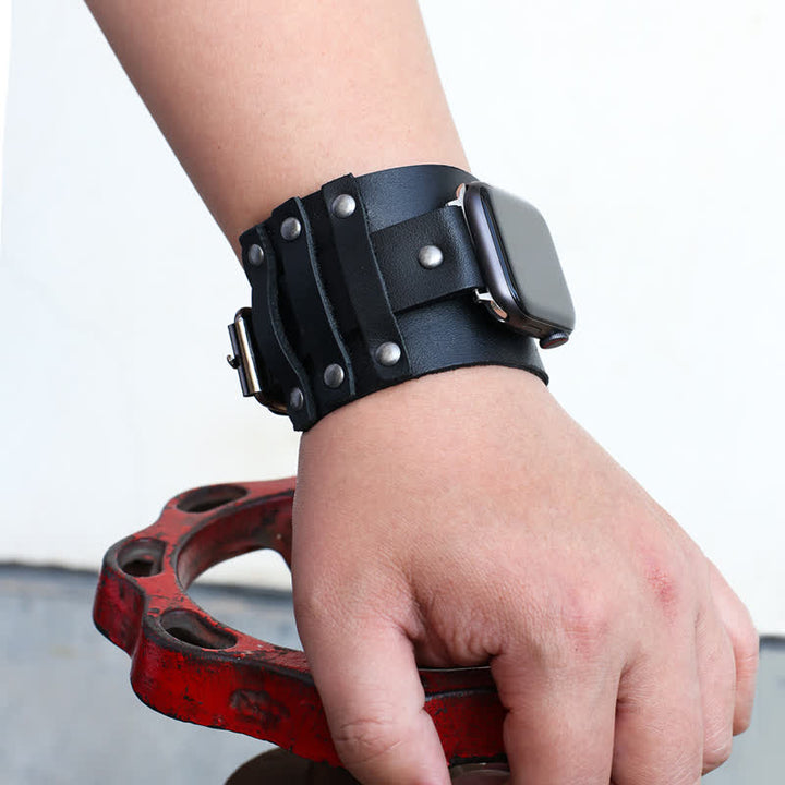Bracelet de montre en cuir véritable à large sangle punk