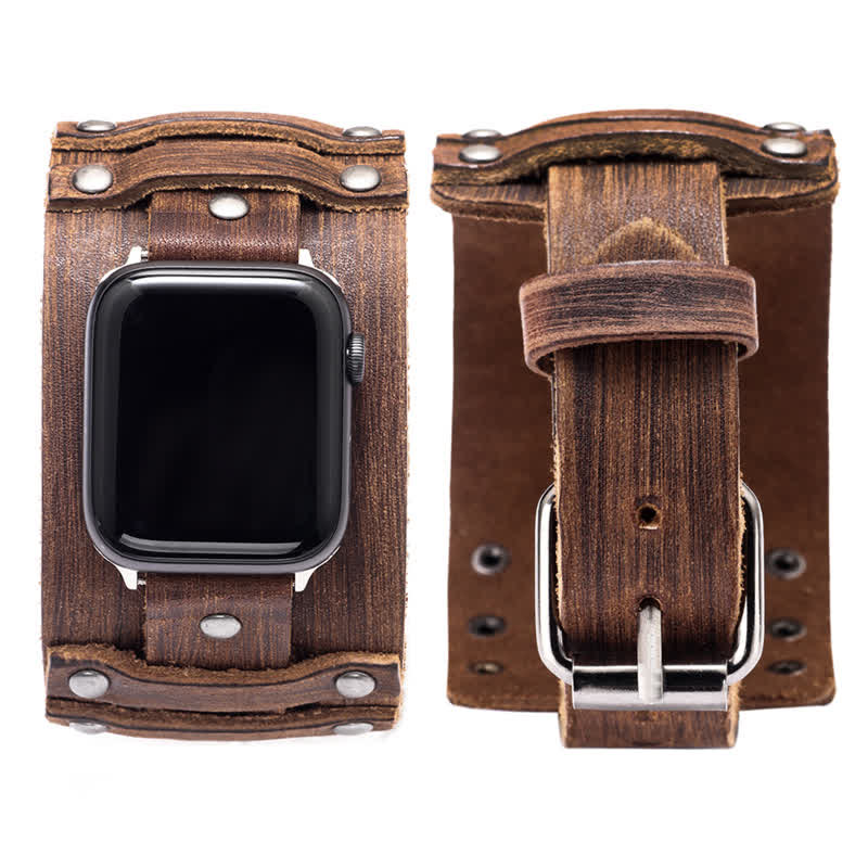 Bracelet de montre en cuir véritable à large sangle punk