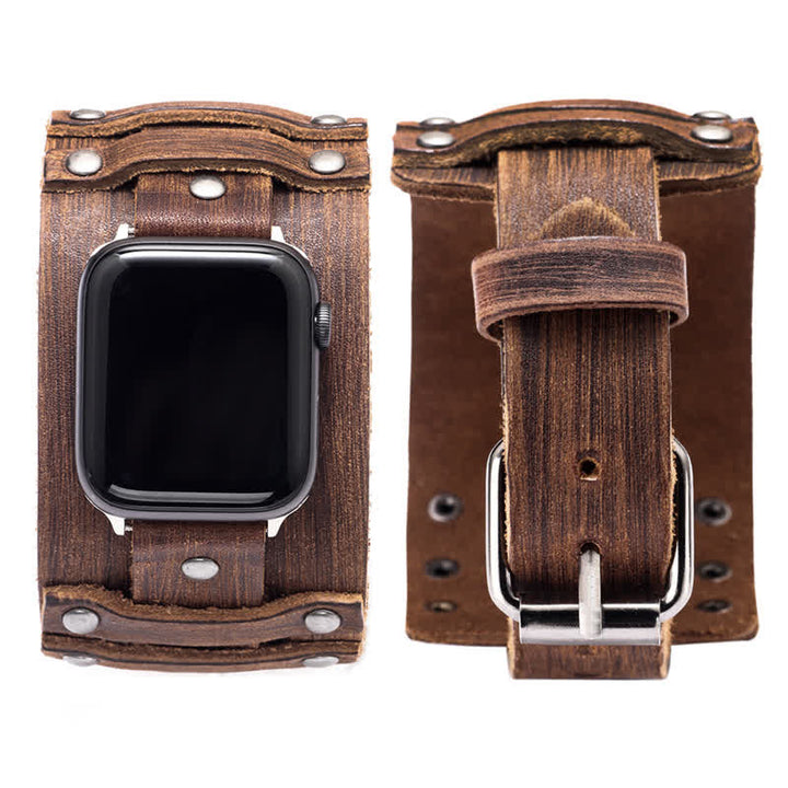 Bracelet de montre en cuir véritable à large sangle punk