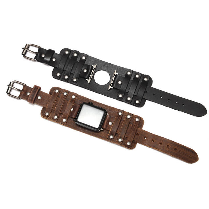 Bracelet de montre en cuir véritable à large sangle punk