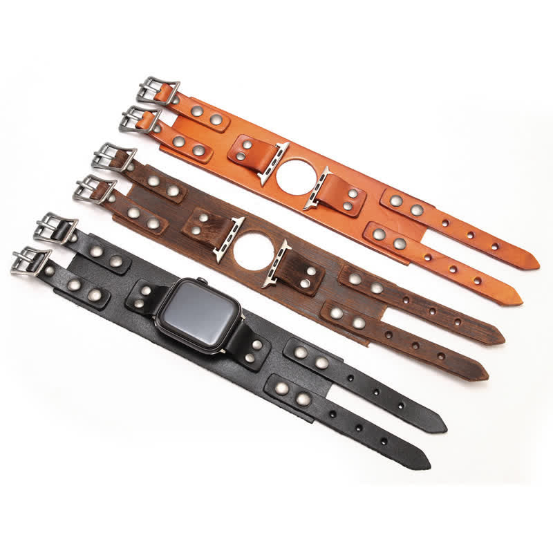 Bracelet de montre élégant en cuir véritable à double sangle