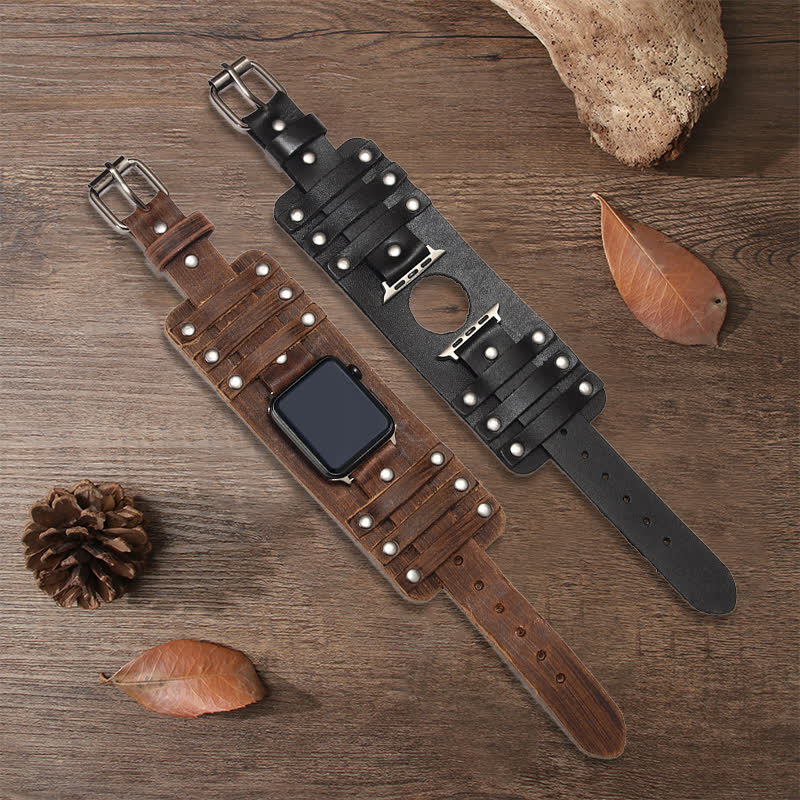 Bracelet de montre en cuir véritable à large sangle punk