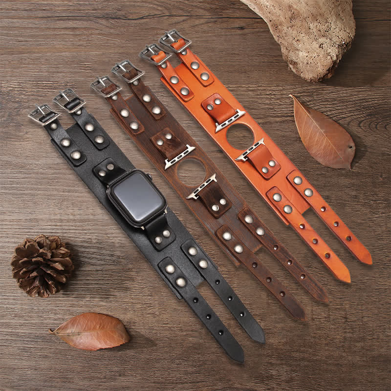 Bracelet de montre élégant en cuir véritable à double sangle