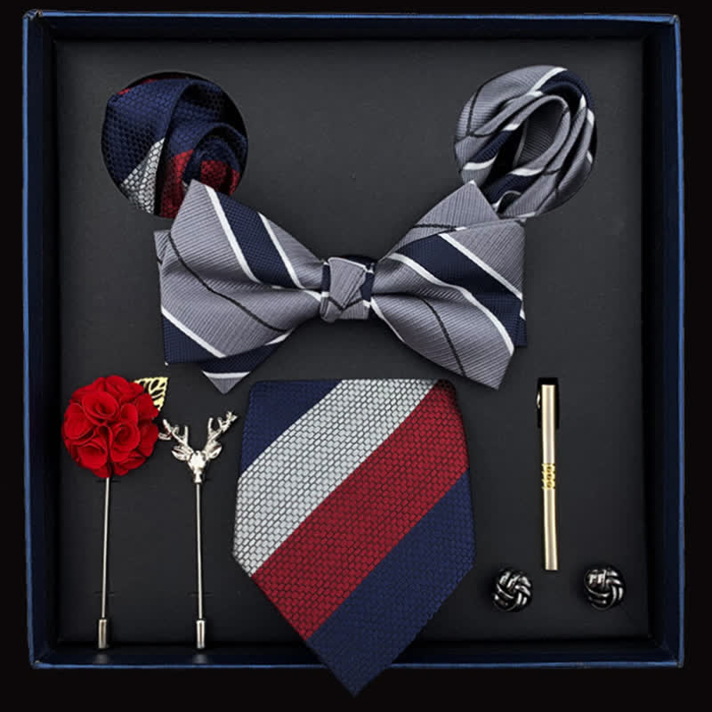 Coffret cadeau de 8 nœuds papillon à rayures grises, bleues et rouges pour homme