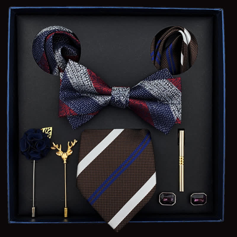 Coffret cadeau de 8 nœuds papillon de luxe pour homme, bleu marine, café, rayures rouges
