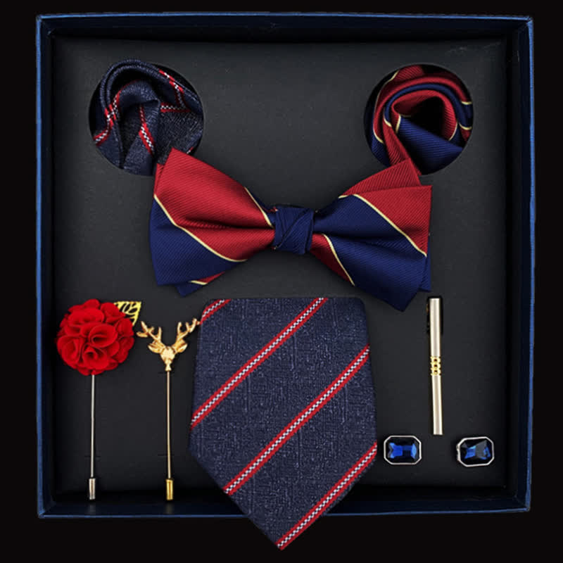 Coffret cadeau de 8 nœuds papillons à rayures rouges et bleu marine pour homme
