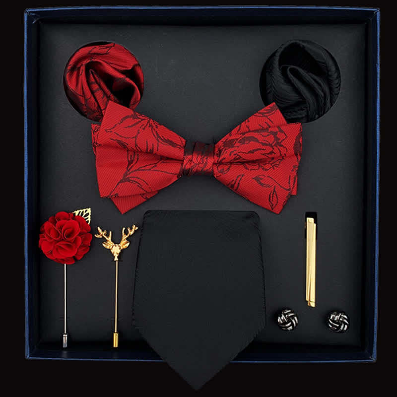 Coffret cadeau de 8 nœuds papillon à motifs floraux noirs et rouges pour homme