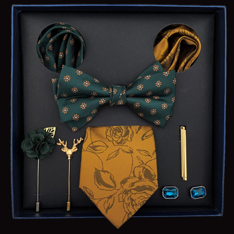 Lot de 8 nœuds papillon en forme de rose pour homme, vert foncé, avec tige dorée, coffret cadeau