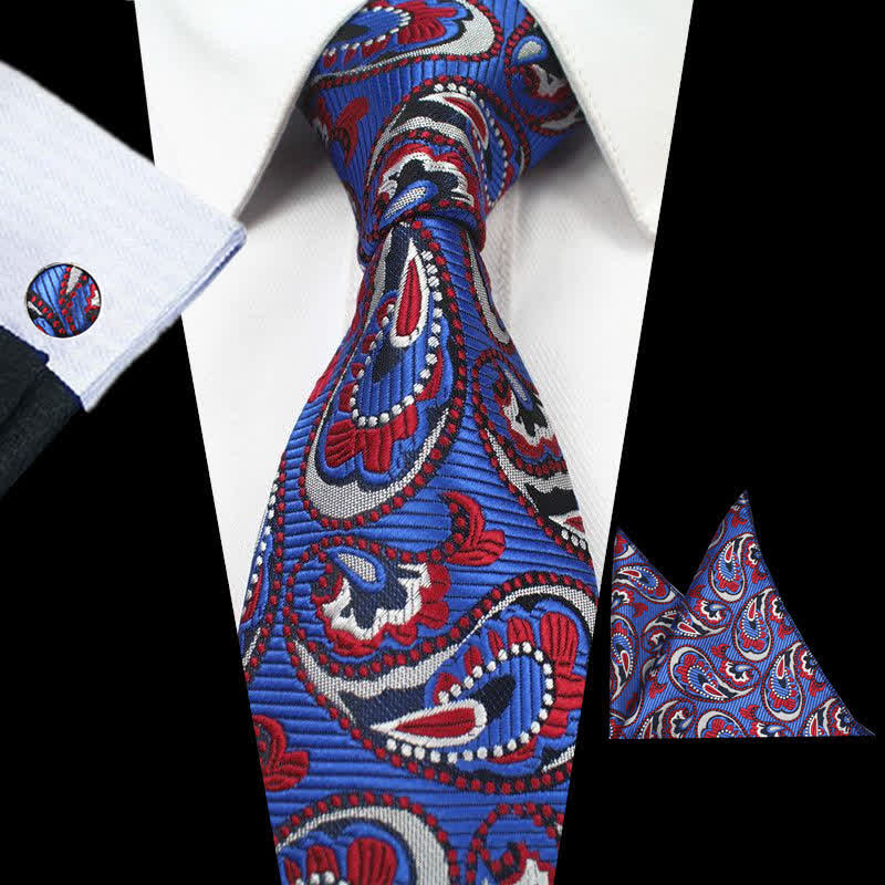 Ensemble de 3 cravates pour hommes à motif cachemire bleu roi et rouge