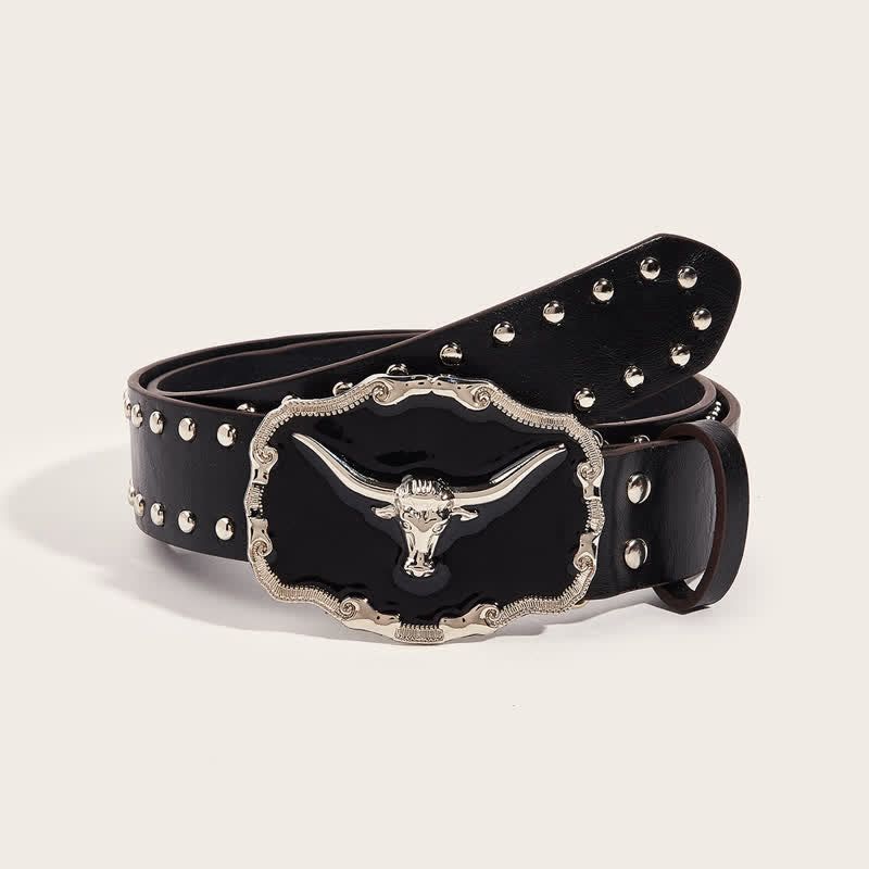 Ceinture en cuir à rivets pour homme avec motif taureau Longhorn noir