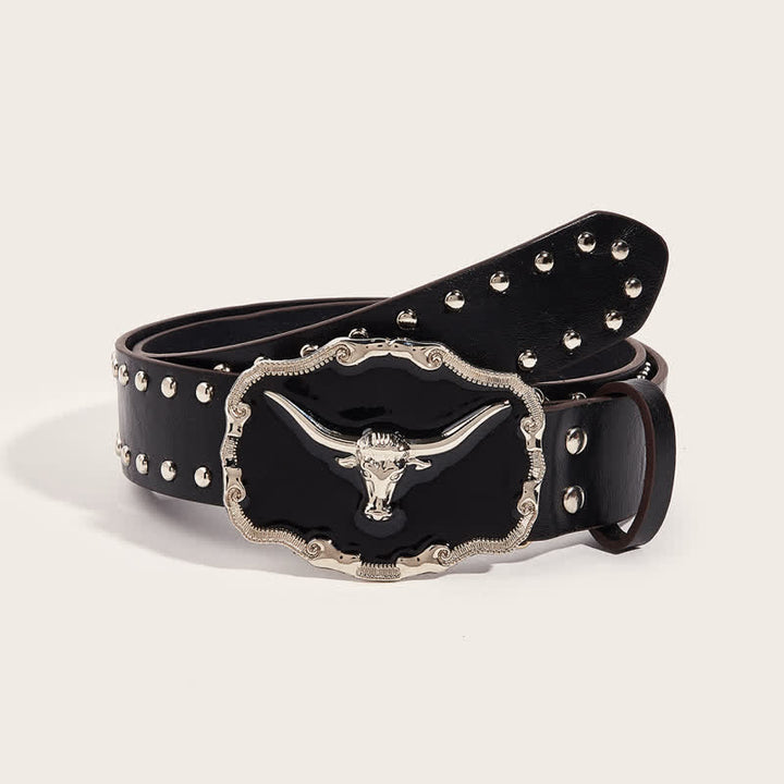 Ceinture en cuir à rivets pour homme avec motif taureau Longhorn noir