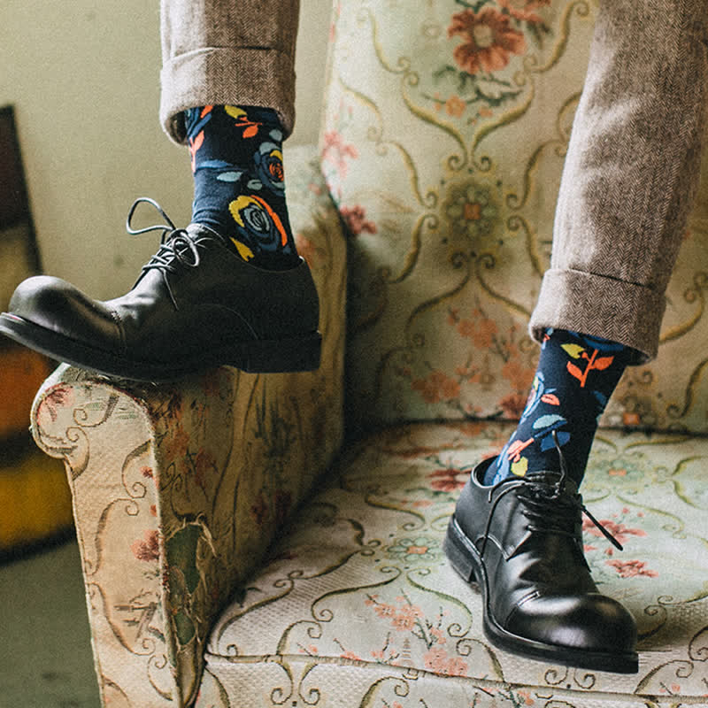 Chaussettes ras du cou pour hommes avec roses bleu marine et bleu sauvage