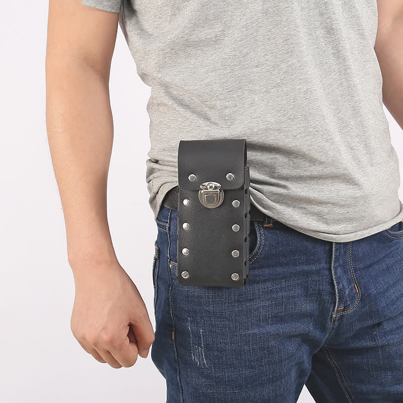 Sac ceinture en cuir pour téléphone universel avec bouton décoratif à rivets