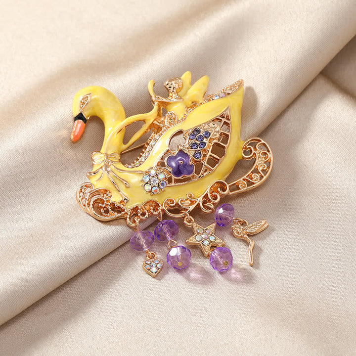 Broche creuse à pompons en forme de cygne féerique pour femme