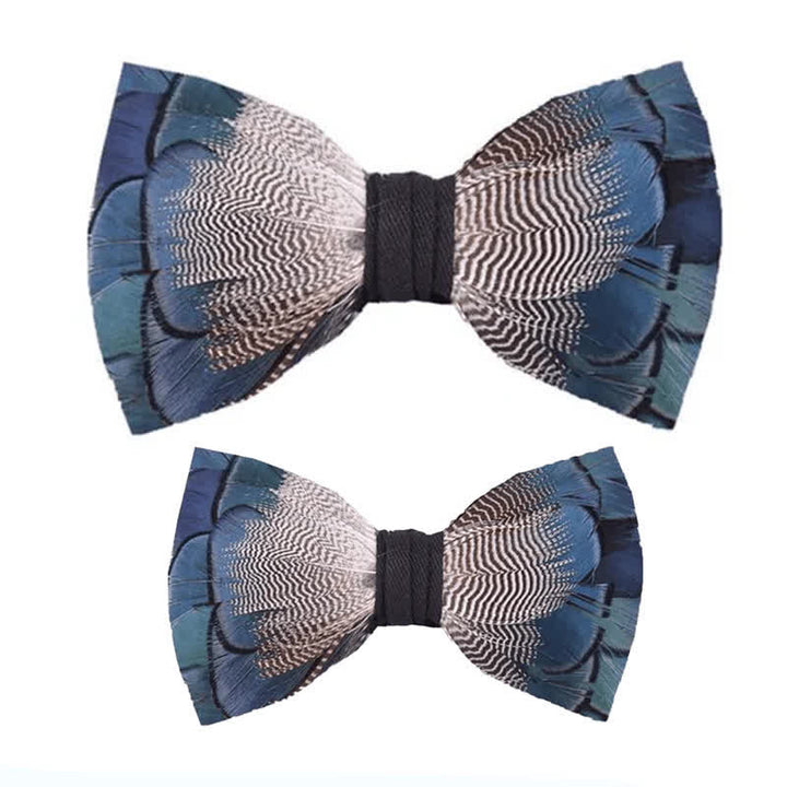 Nœud papillon en plumes de canard colvert bleu et blanc pour enfant avec épingle à revers