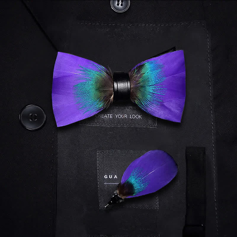 Nœud papillon à plumes violet et bleu sarcelle avec épingle à revers pour enfant