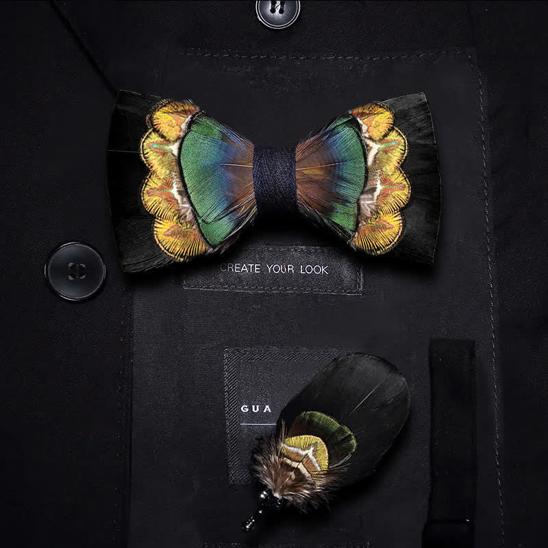 Nœud papillon à plumes noir et jaune-vert pour enfant avec épingle à revers