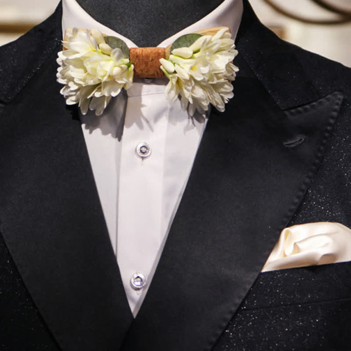 Nœud papillon en bois à fleurs artificielles blanc pur pour homme