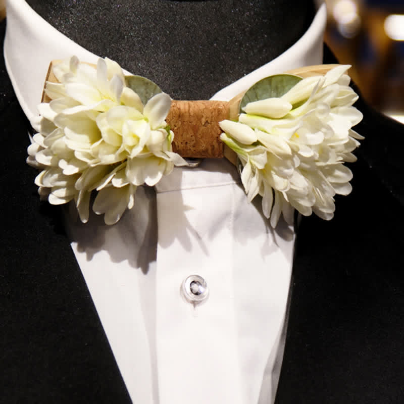 Nœud papillon en bois à fleurs artificielles blanc pur pour homme
