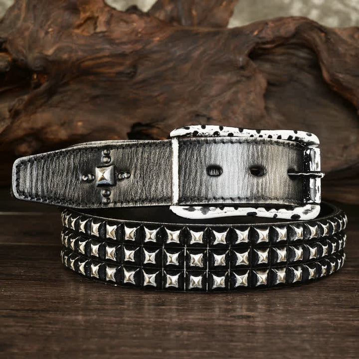 Ceinture en cuir à trois rangées de rivets pyramidaux classiques pour hommes