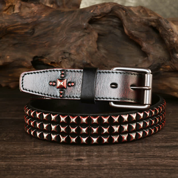 Ceinture en cuir à trois rangées de rivets pyramidaux classiques pour hommes