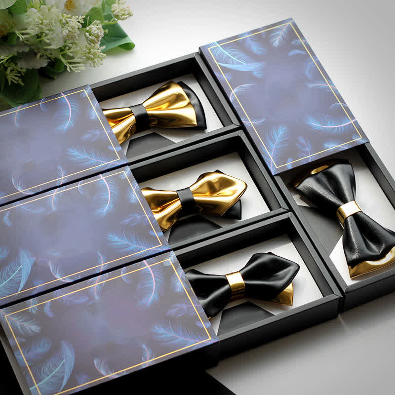 Nœud papillon double épaisseur en cuir doré et noir pour homme