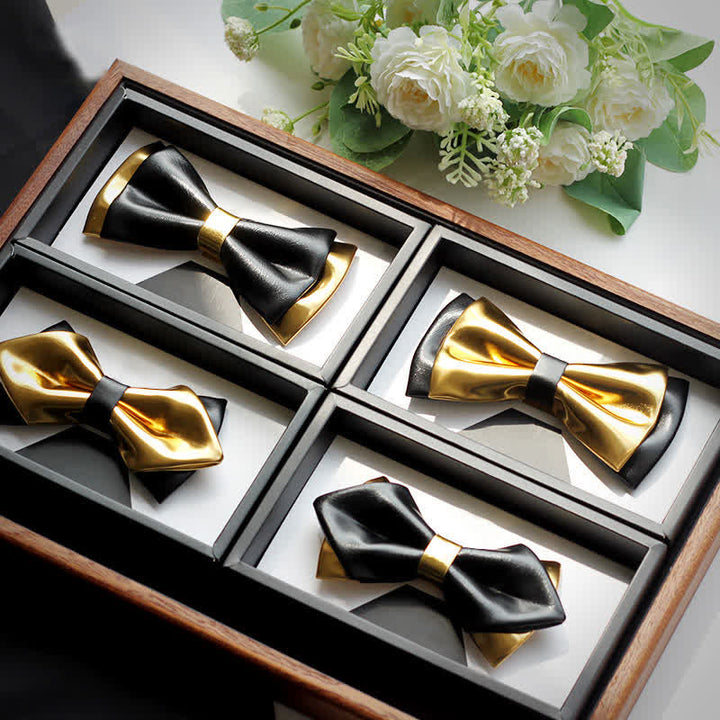 Nœud papillon double épaisseur en cuir doré et noir pour homme