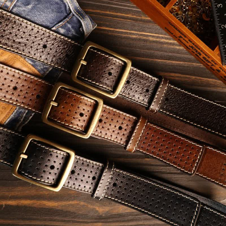 Ceinture en cuir perforée cousue à la main de style britannique pour homme