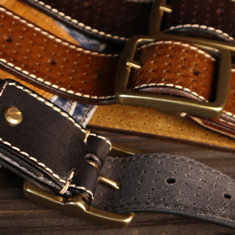 Ceinture en cuir perforée cousue à la main de style britannique pour homme