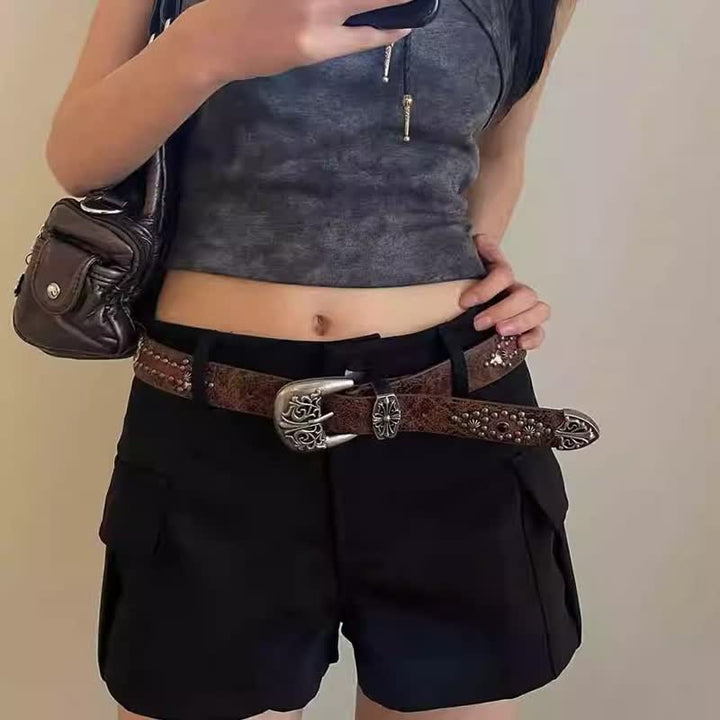 Ceinture en cuir cloutée à rivets en forme de flèche marron pour femme