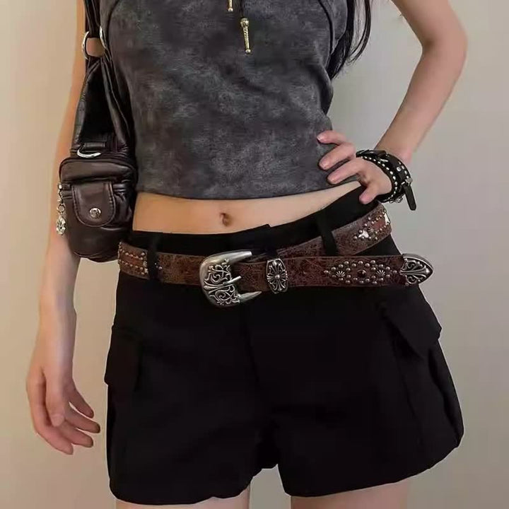 Ceinture en cuir cloutée à rivets en forme de flèche marron pour femme