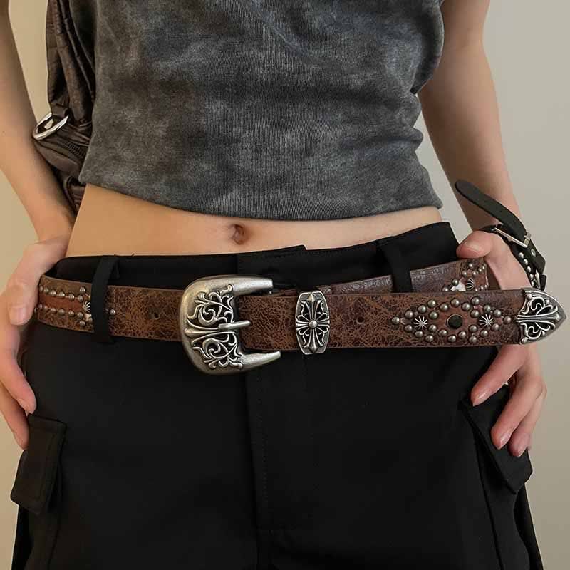 Ceinture en cuir cloutée à rivets en forme de flèche marron pour femme