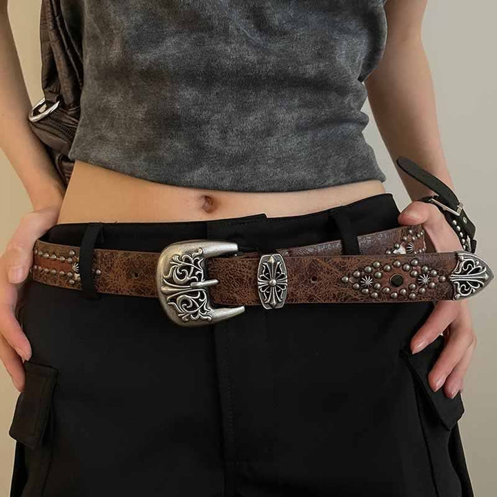 Ceinture en cuir cloutée à rivets en forme de flèche marron pour femme