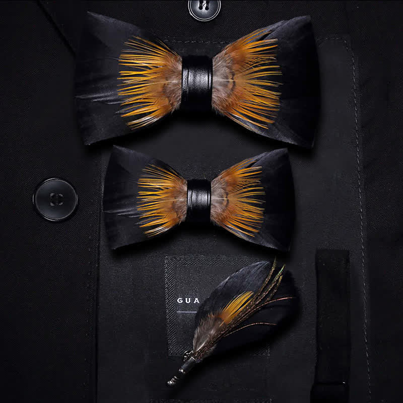 Nœud papillon en plumes de tournesol orange et noir avec épingle à revers