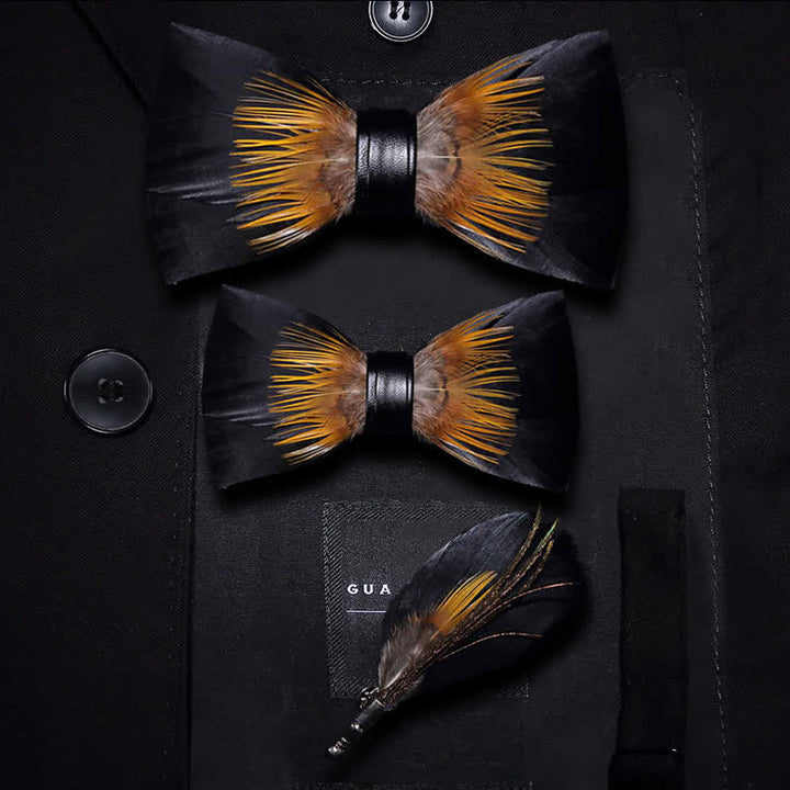 Nœud papillon en plumes de tournesol orange et noir avec épingle à revers