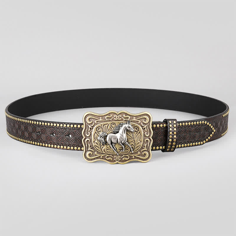 Ceinture en cuir marron foncé avec rivets Running Horse