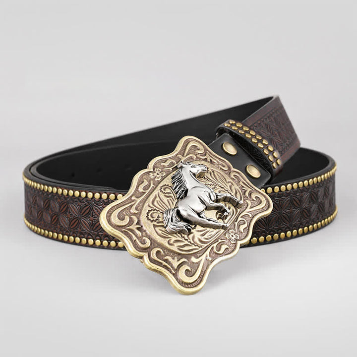 Ceinture en cuir marron foncé avec rivets Running Horse