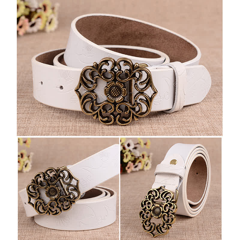 Ceinture en cuir gaufré rétro à motif tournesol creux pour femme