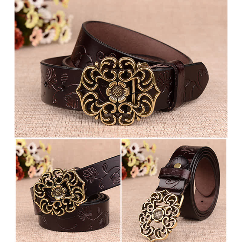 Ceinture en cuir gaufré rétro à motif tournesol creux pour femme