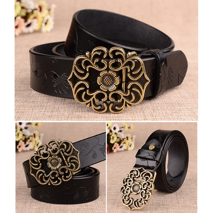Ceinture en cuir gaufré rétro à motif tournesol creux pour femme