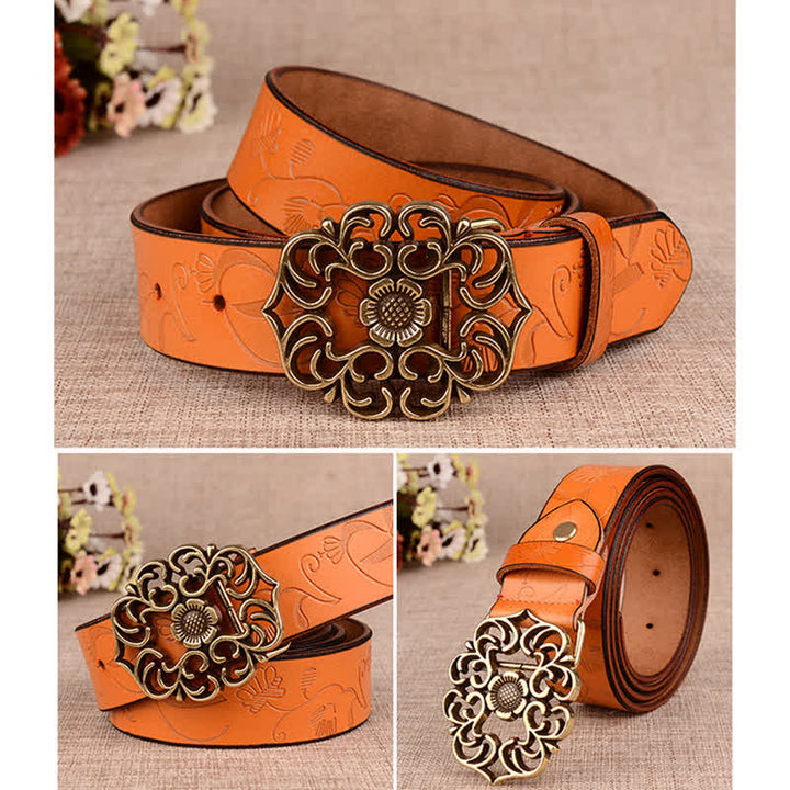 Ceinture en cuir gaufré rétro à motif tournesol creux pour femme