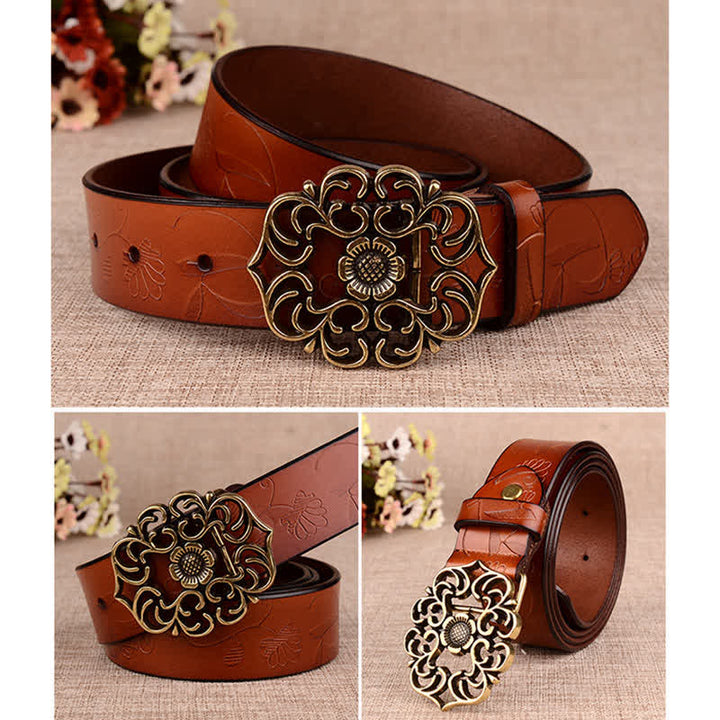 Ceinture en cuir gaufré rétro à motif tournesol creux pour femme