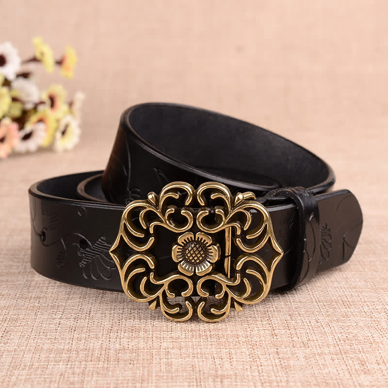Ceinture en cuir gaufré rétro à motif tournesol creux pour femme