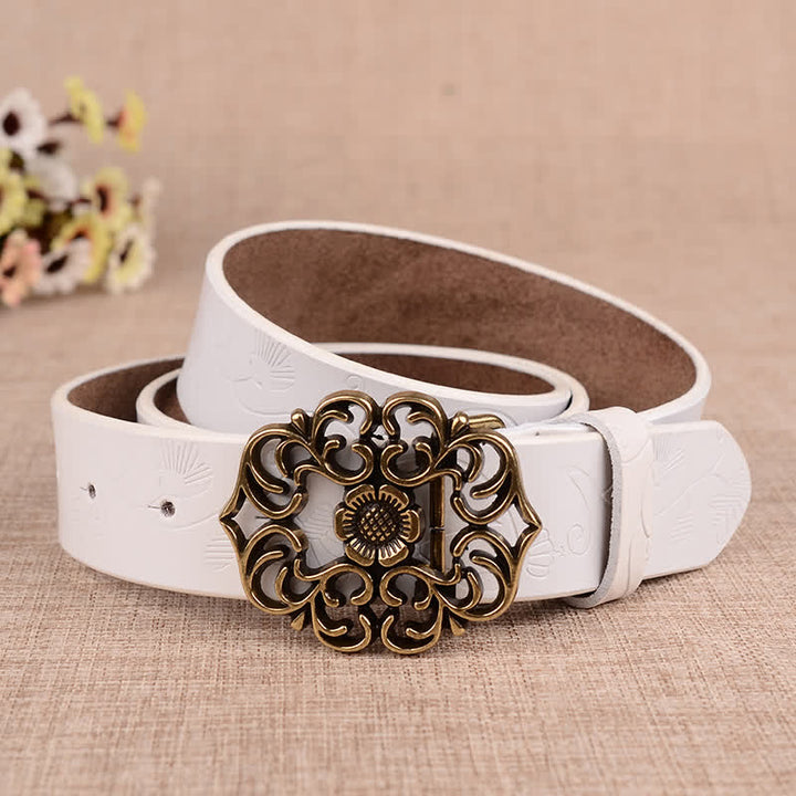 Ceinture en cuir gaufré rétro à motif tournesol creux pour femme
