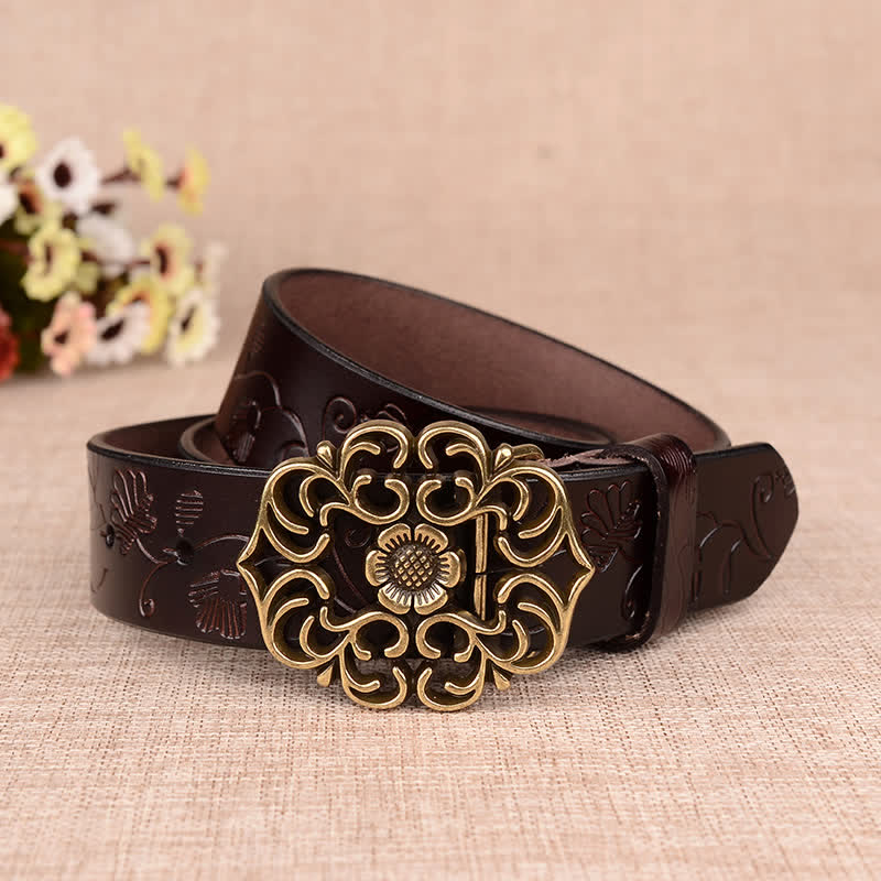 Ceinture en cuir gaufré rétro à motif tournesol creux pour femme