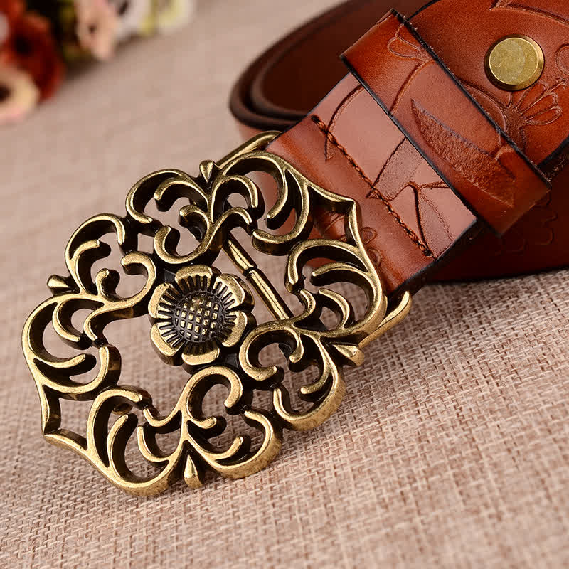 Ceinture en cuir gaufré rétro à motif tournesol creux pour femme