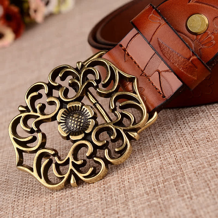 Ceinture en cuir gaufré rétro à motif tournesol creux pour femme